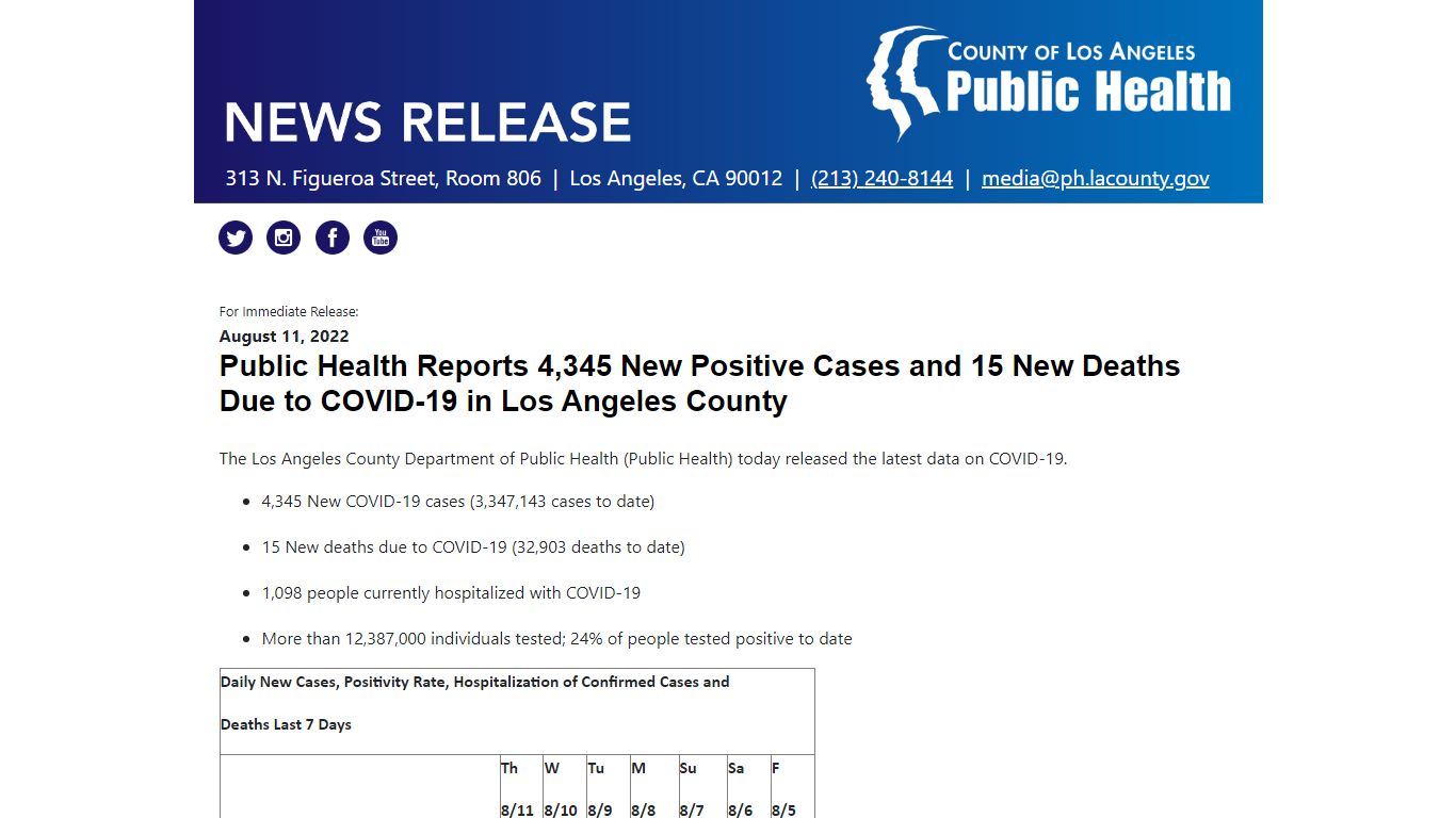 LISTING OF DEPARTMENT OF PUBLIC HEALTH PRESS RELEASES